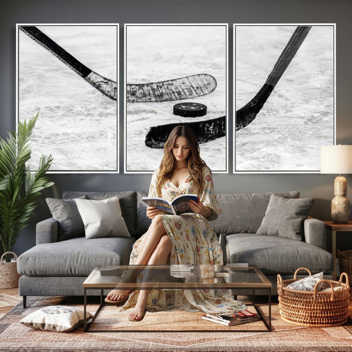 82900-MGV-CV-36X24 - Winter Ice Hockey Sport Canvas Wall Art Print, Hockey Wall Decor
