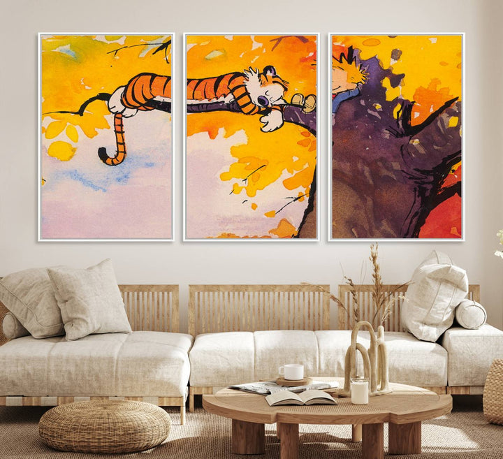 Premium canvas Calvin Wall Arts featuring a boy and tiger relaxing on a branch.