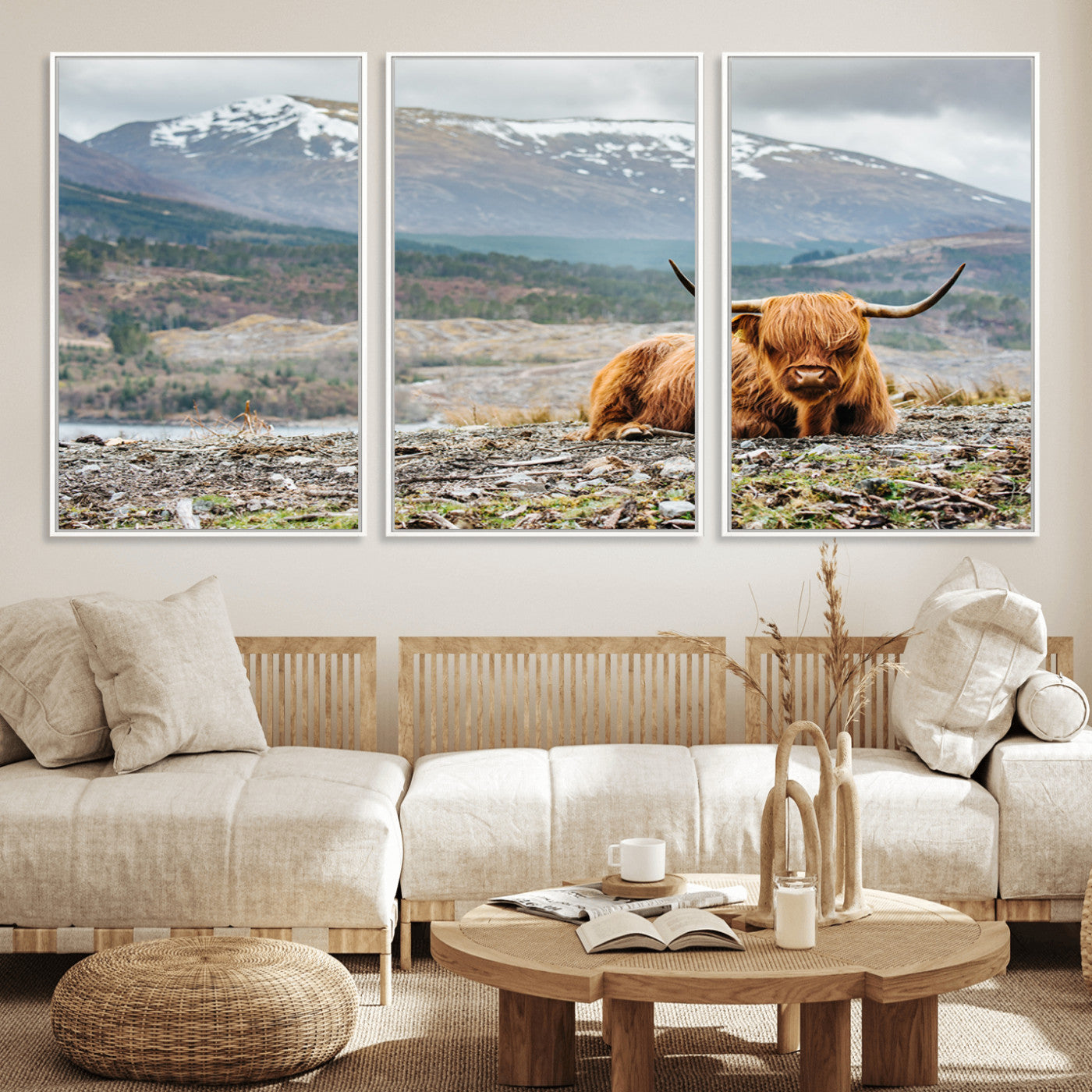 80252-MGV-FC-60X30-3P_White-Highland Cow Horn Farm Wall Art Canvas Print
