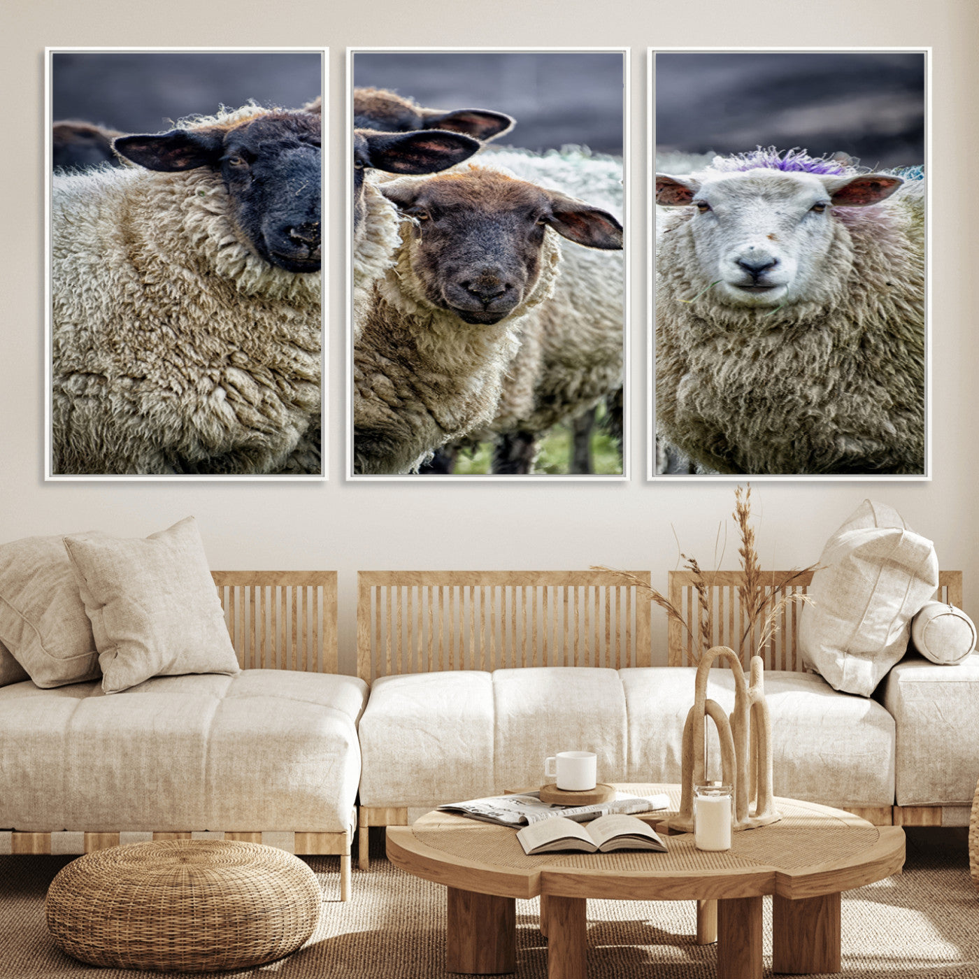 18418-MGV-FC-60X30-3P_White-Charming Sheep Portrait Wall Art – Trio of Woolly Companions Canvas Print, Framed, Ready to Hang