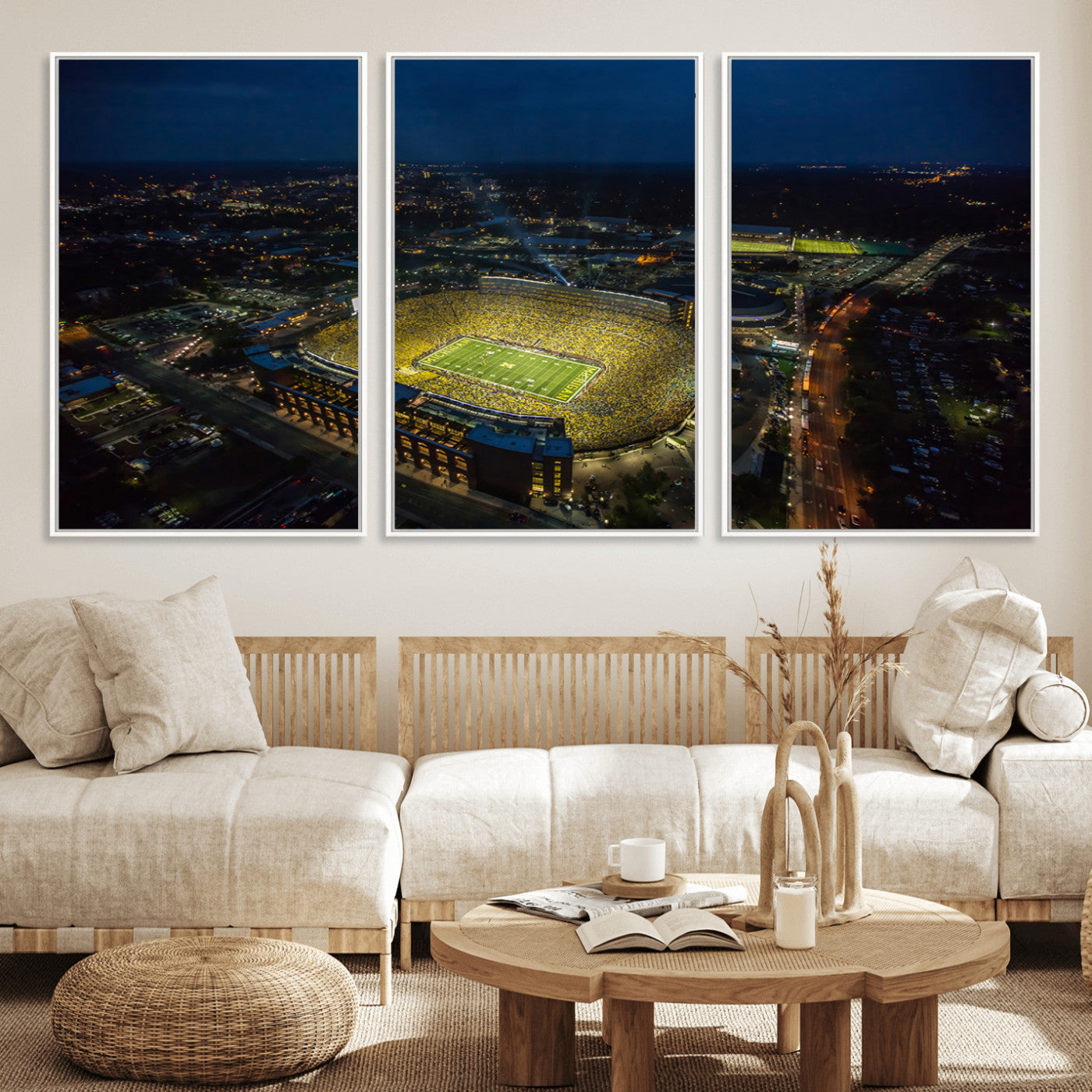 MGV-FC-60X30-3P - Michigan Stadium Night Game Wall Art – Sports Arena Aerial View Canvas Print, Framed, Ready to Hang