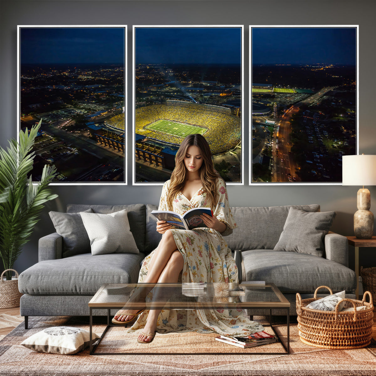 33588-MGV-CV-36X24 - Michigan Stadium Night Game Wall Art | Sports Arena Aerial View Canvas