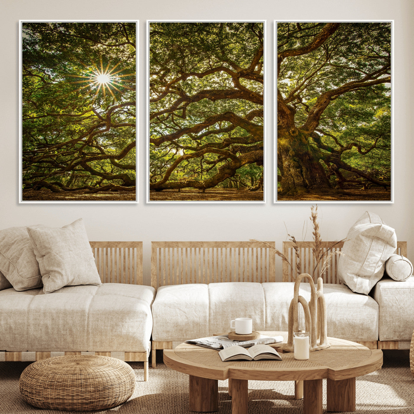 MGV-FC-60X30-3P - Ancient Angel Oak Tree Art Sunburst Canvas Print- Nature-Inspired Triptych Canvas Print, Framed, Ready to Hang
