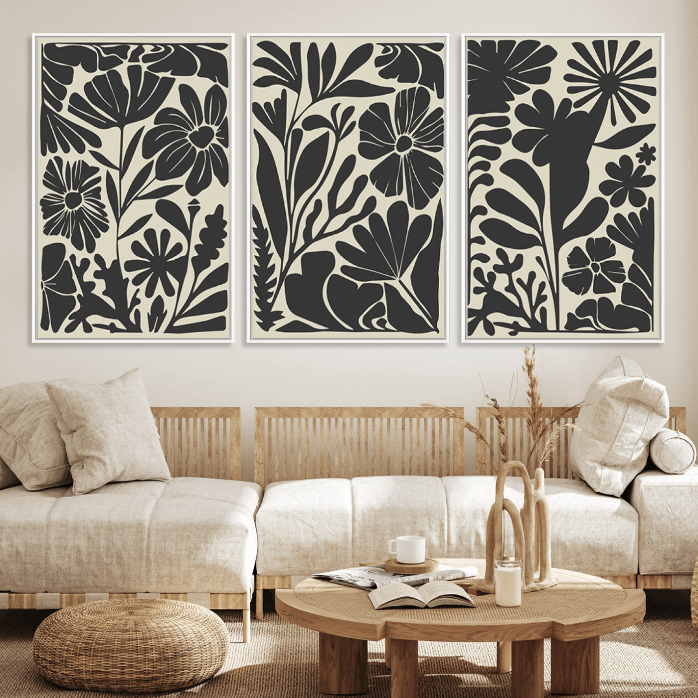 MGV-FC-60X30-3P - Modern Botanical Wall Art - Floral Black and White Canvas Print, Framed, Ready to Hang