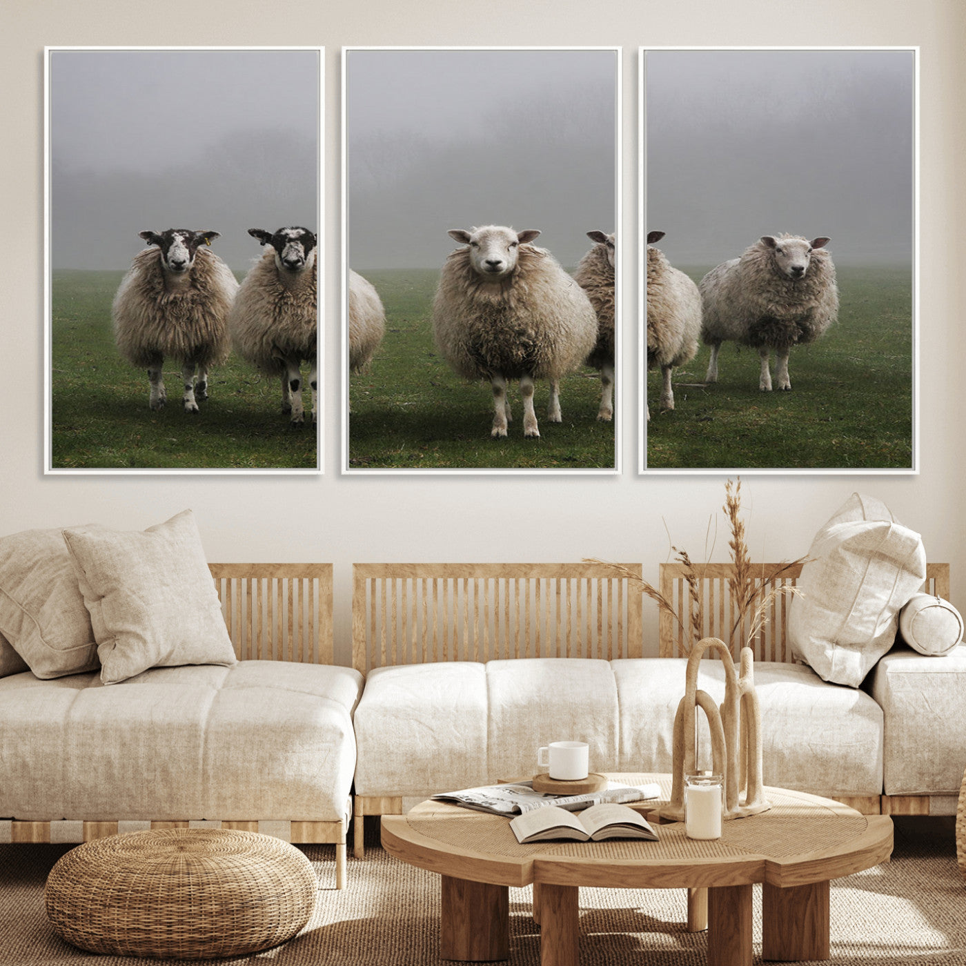 -Flock of Sheep in a Mystical Fog – Pastoral Wall Art Canvas Print, Framed, Ready to Hang