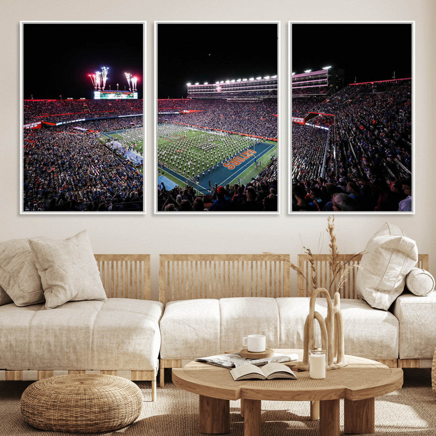 MGV-FC-60X30-3P - Ben Hill Griffin Stadium Night Game Triple Canvas Wall Art - Florida Gators Football Match