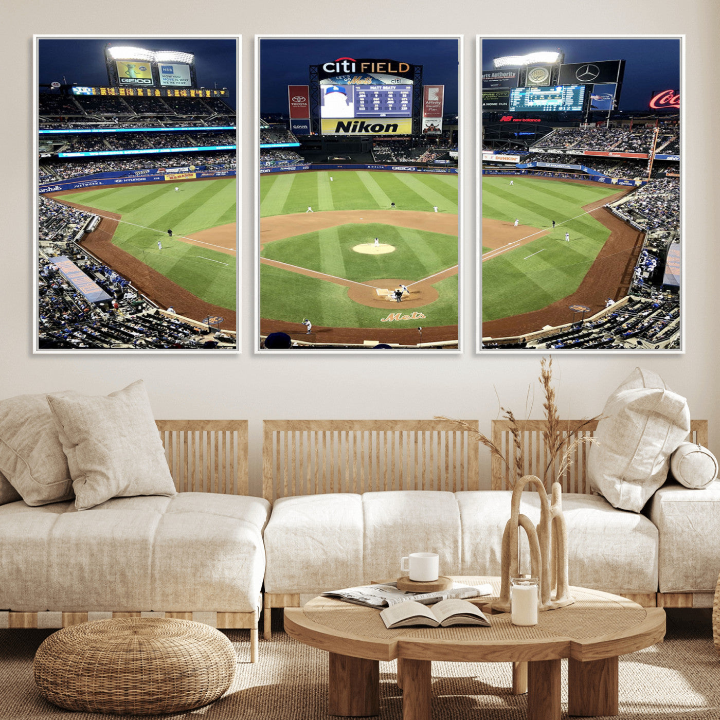 MGV-FC-60X30-3P - Citi Field Wall Art Print | 3-Panel New York Mets Baseball Stadium Canvas Print | Framed Sports Decor for Living Room, Man Cave, or Office Decor
