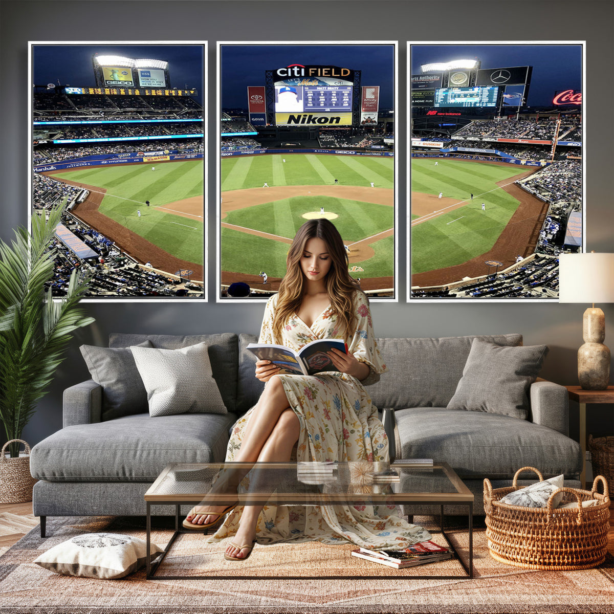 87666-MGV-CV-36X24 - Citi Field Wall Art Print | 3-Panel New York Mets Baseball Stadium Canvas Print | Framed Sports