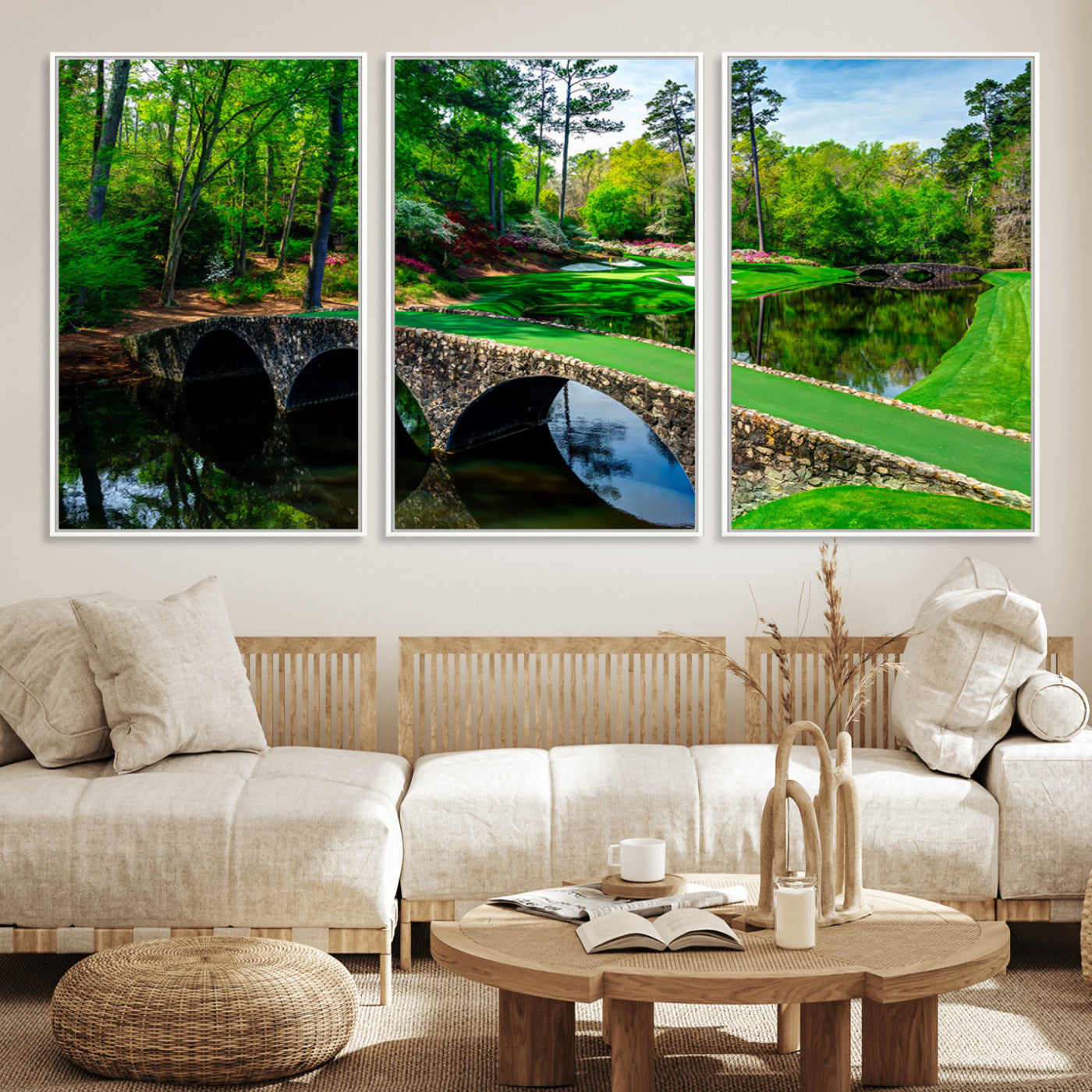 MGV-FC-60X30-3P - Augusta National Golf Club Wall Art - Panoramic Bridge & Lush Greenery – Premium Framed, Ready-to-Hang Triptych Canvas
