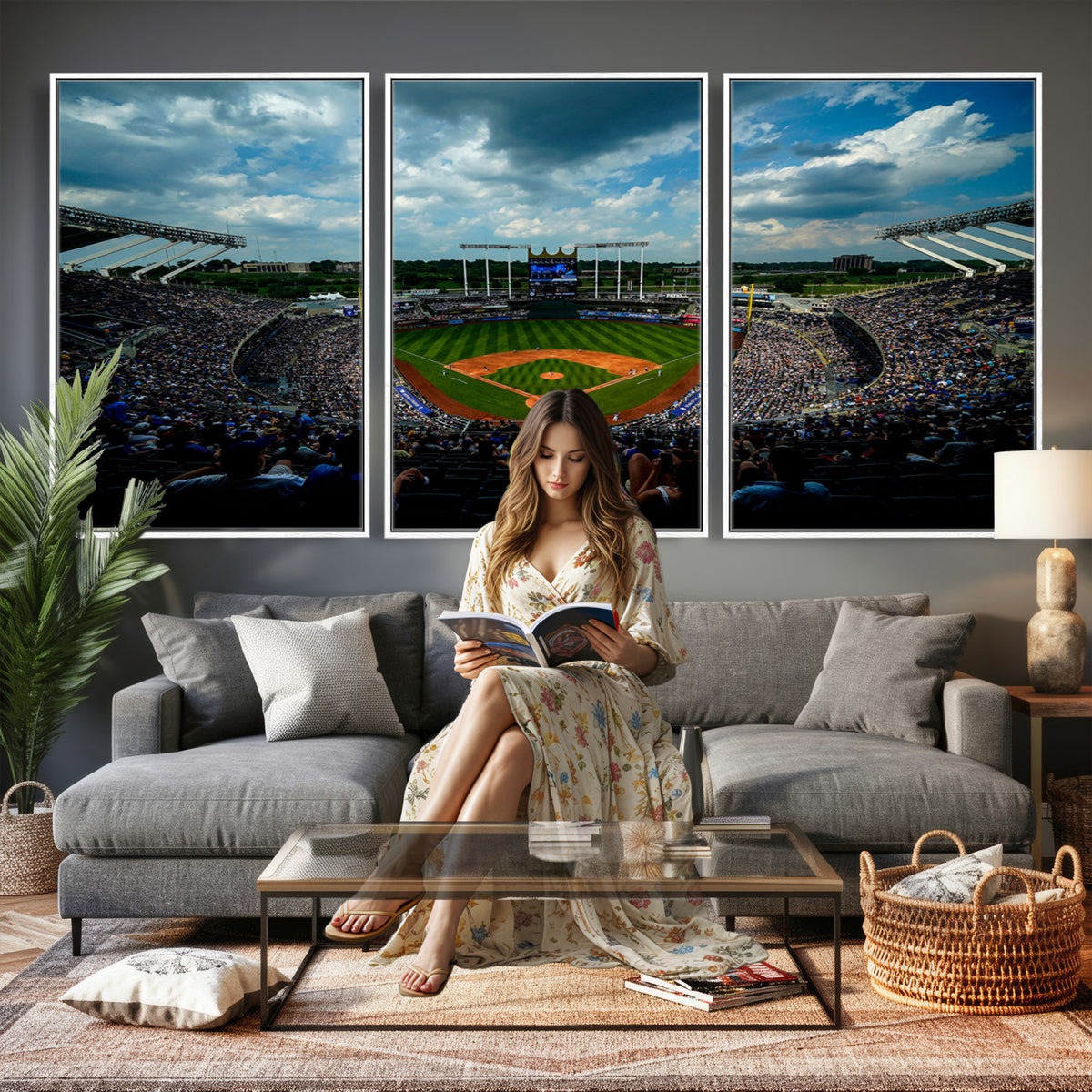 37127-MGV-CV-36X24 - 3-Panel Kauffman Stadium Wall Art Print | Large Kansas City Royals Baseball Canvas