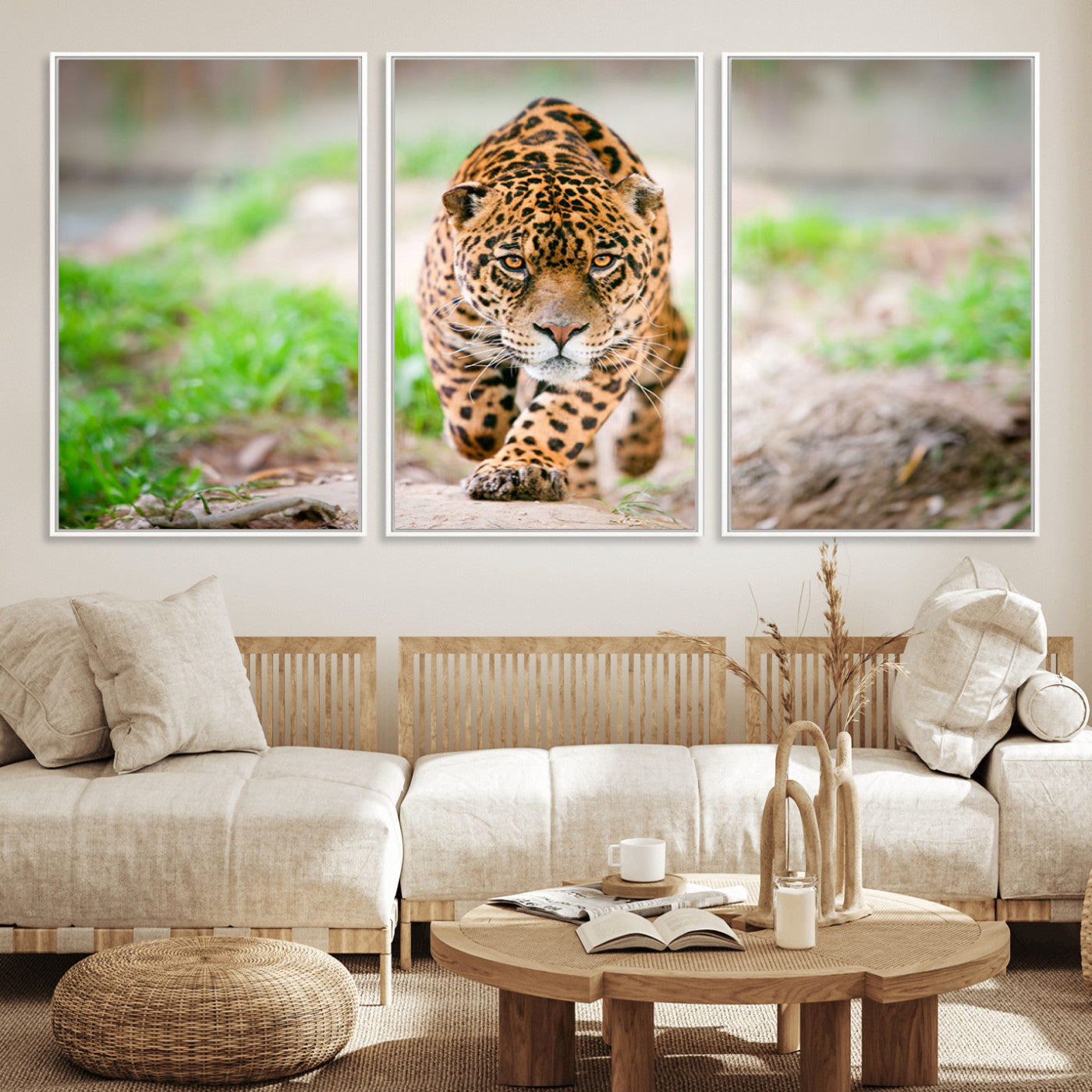 MGV-FC-60X30-3P - Leopard on the Prowl - Stunning Large Framed Canvas Wall Art for Living Room, Bedroom, or Office Décor, Vibrant Wildlife Print, Ready to Hang