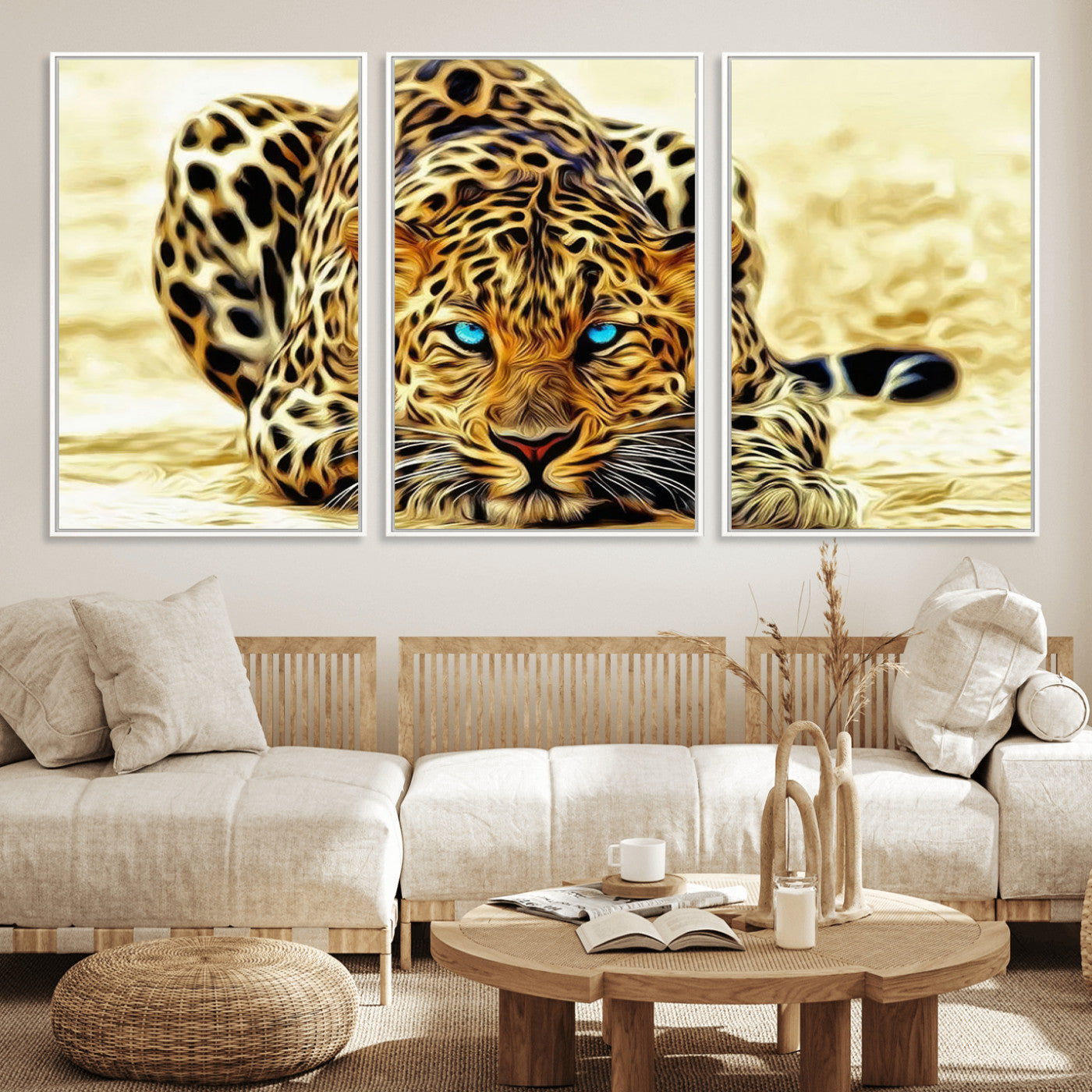 45281-MGV-FC-60X30-3P_White-Blue-Eyed Leopard Canvas Wall Art - Framed Animal Print Ready to Hang - Fierce and Bold Decor for