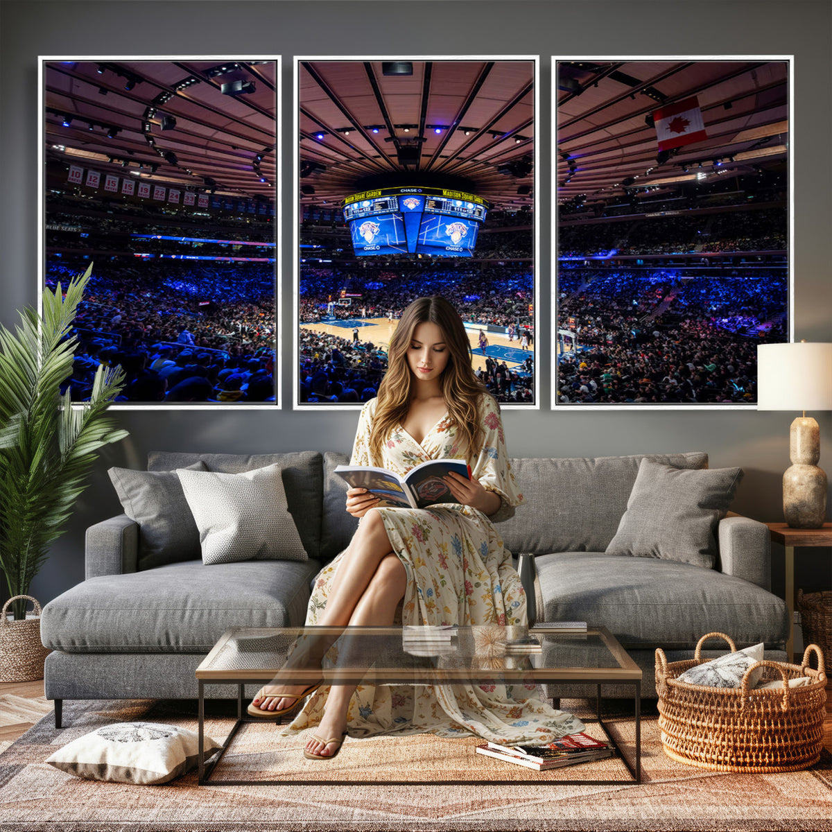20491-MGV-CV-36X24 - Madison Square Garden Basketball Print Canvas, Basketball Game Triple Canvas Wall Art