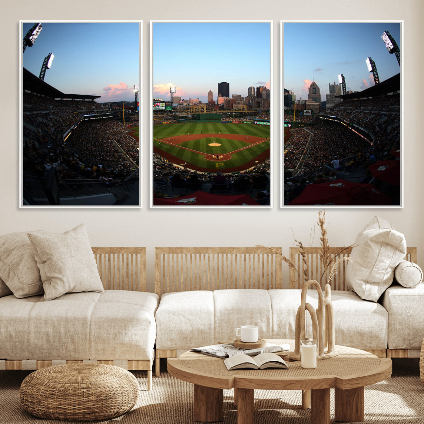 MGV-FC-60X30-3P - PNC Park Evening Game Triple Canvas Wall Art - Pittsburgh Pirates MLB Match - PNC Park Stadium Wall Art Canvas Print