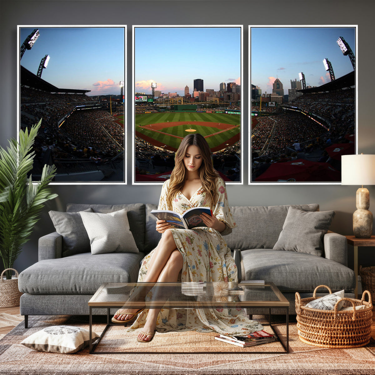 67670-MGV-CV-36X24 - PNC Park Evening Game Triple Canvas Wall Art | Pittsburgh Pirates MLB Stadium