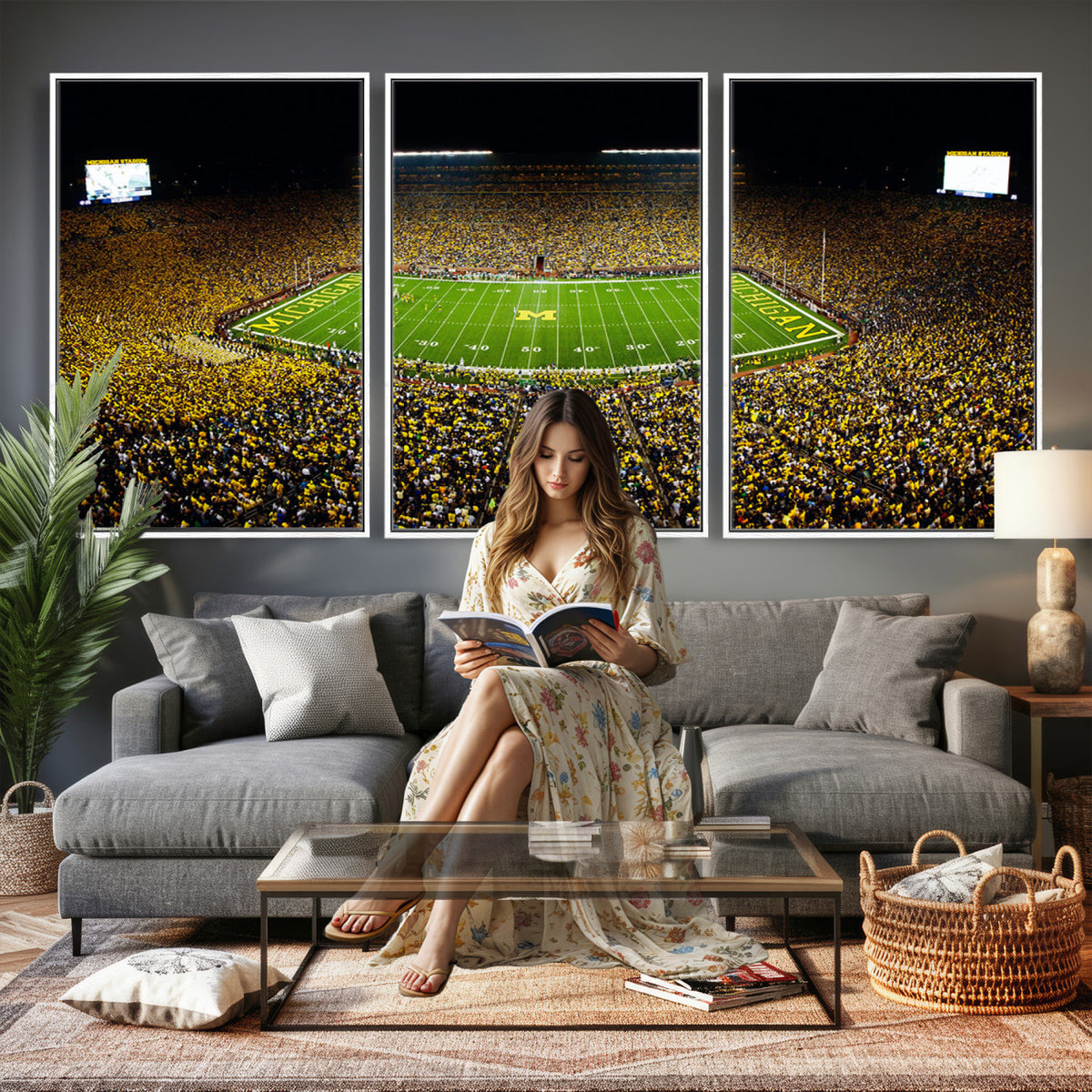 26166-MGV-CV-36X24 - Stadium in Michigan Wall Art Canvas Print, Framed American Football Stadium Art