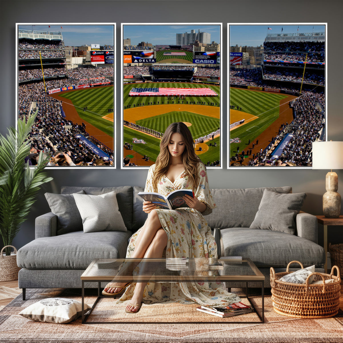 20879-MGV-CV-36X24 - Yankee Stadium New York Wall Art Print | 3-Panel Canvas Print of Yankees Baseball Stadium