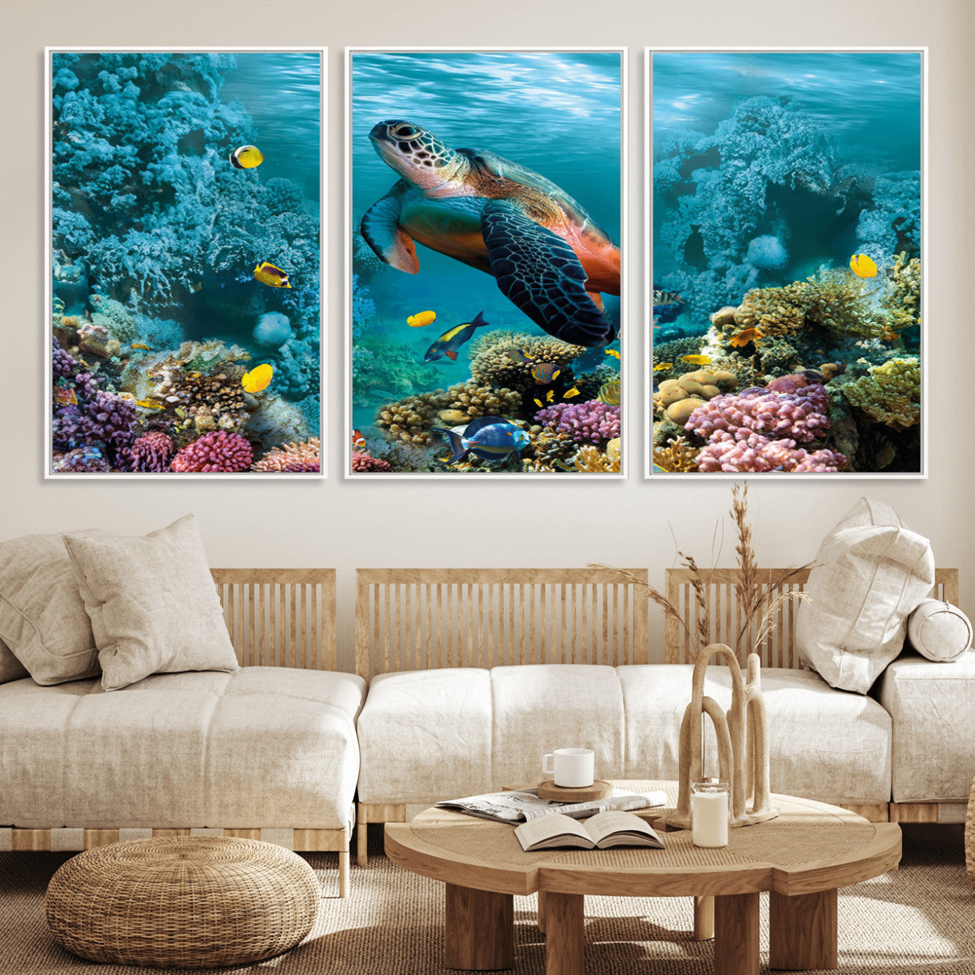 MGV-FC-60X30-3P - Sea Turtle and Coral Reef Triptych Wall Art – Vibrant Underwater Scene Canvas Set for Ocean Lovers and Coastal Decor – Ready to Hang 3-Panel Artwork