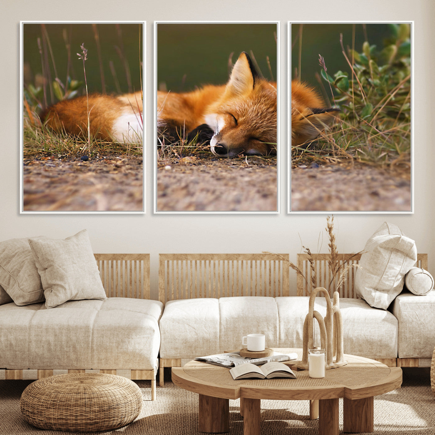 25085-MGV-FC-60X30-3P_White-Sleeping Fox Wall Art Canvas Print, Farmhouse Wall Decor and Animal Wall Art Print
