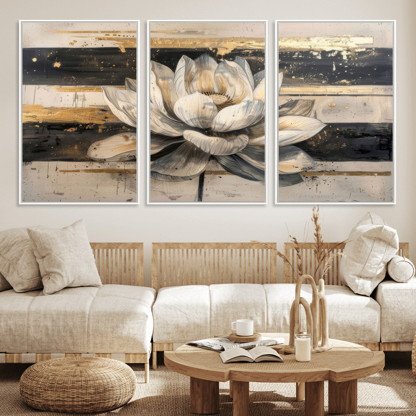 MGV-FC-60X30-3P - Lotus Flower Wall Art Canvas Print, Framed Abstract Lotus Art Picture Print, White Lotus Flower Perfect Abstract Floral Decor Artwork