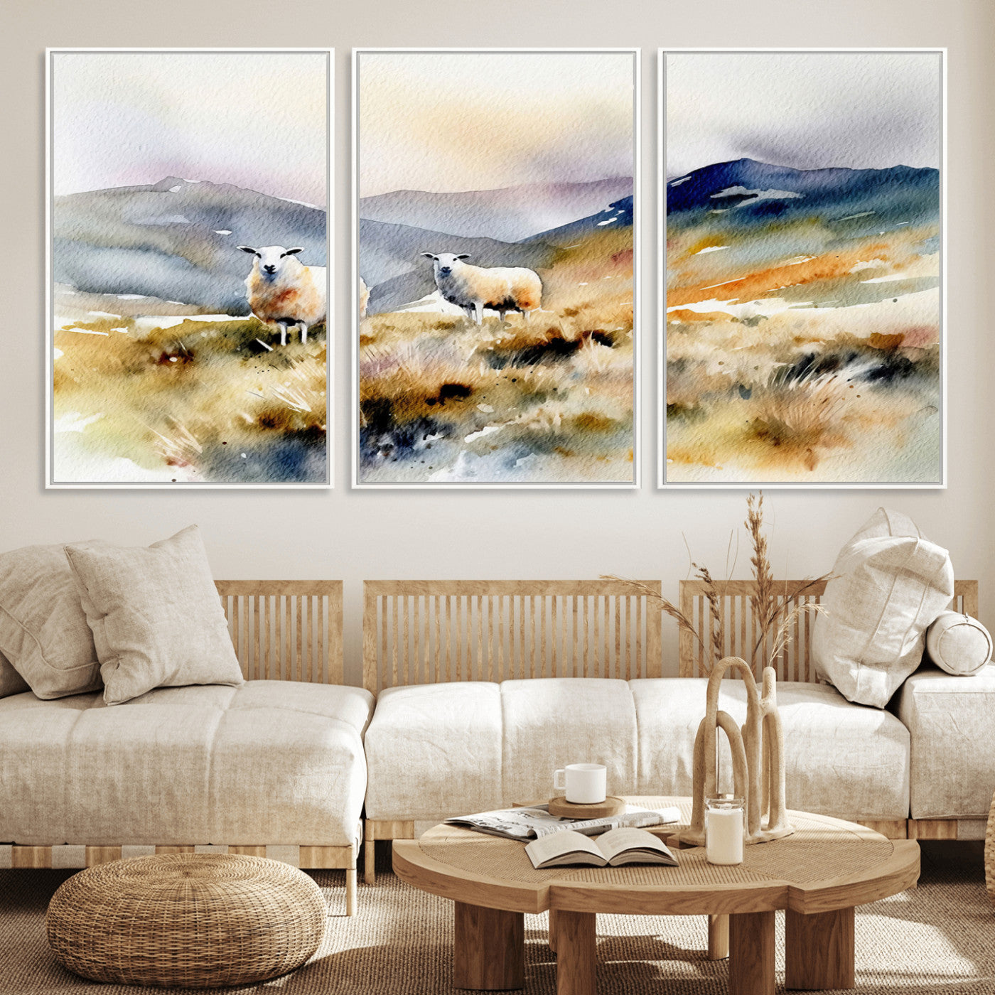 58145-MGV-FC-60X30-3P_White-Watercolor Sheep for Farmhouse Decor Wall Art Canvas Print, Mountain Wall Art Print