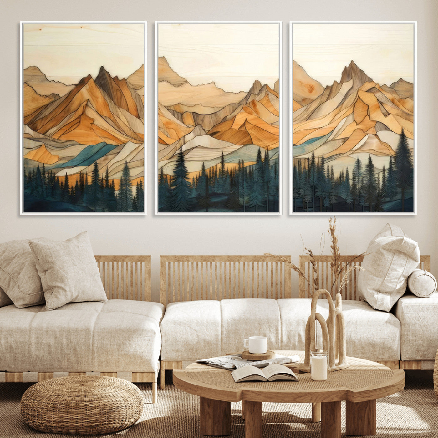 31576-MGV-FC-60X30-3P_White-Rustic Wood Mountain Wall Art Print | Triptych Giclee Print Featuring Handcrafted Forest and