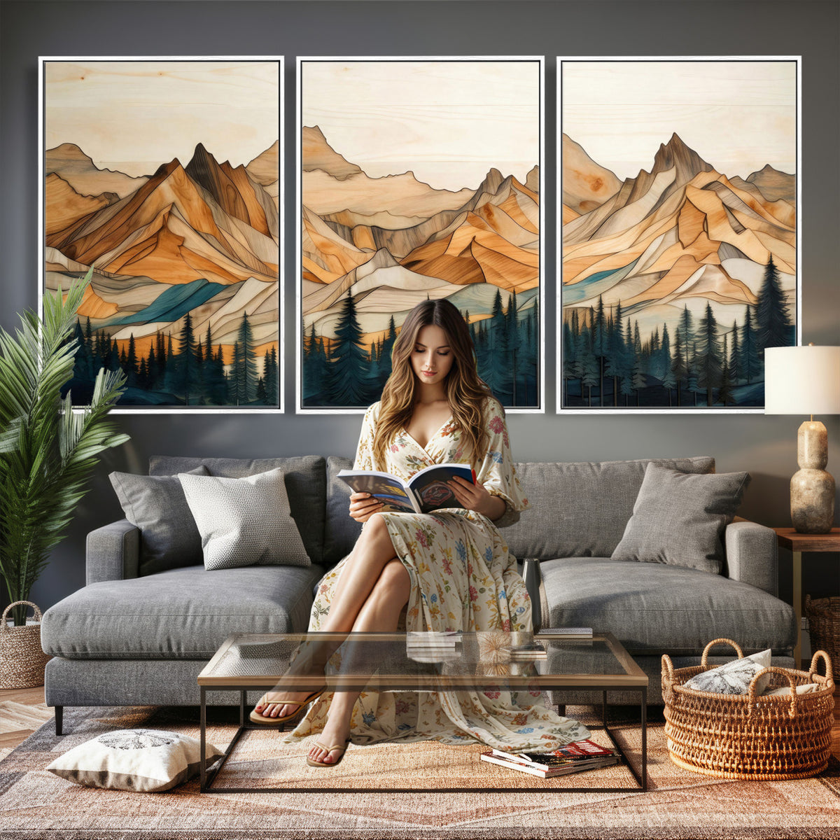 31576-PAN-FL-20X10 - Rustic Wood Mountain Wall Art Print | Triptych Giclee Print Featuring Handcrafted Forest and