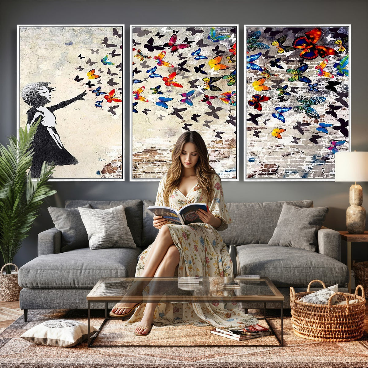 97895-MGV-CV-24X16 - Banksy Graffiti Wall Art Canvas Print, Girl Releasing Vibrant Butterflies