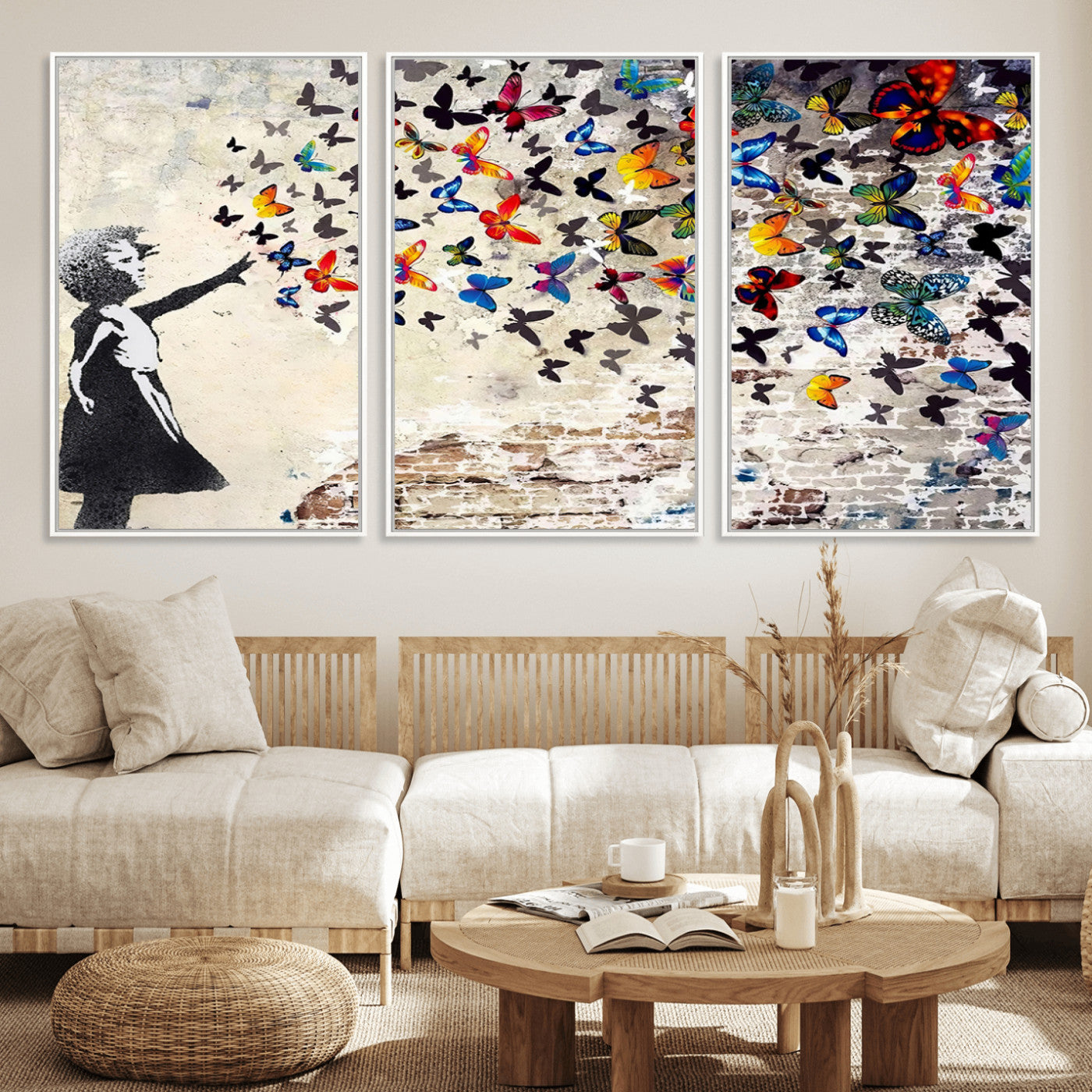 MGV-FC-60X30-3P - Banksy Graffiti Wall Art Canvas Print: Girl Releasing Vibrant Butterflies – Ready to Hang