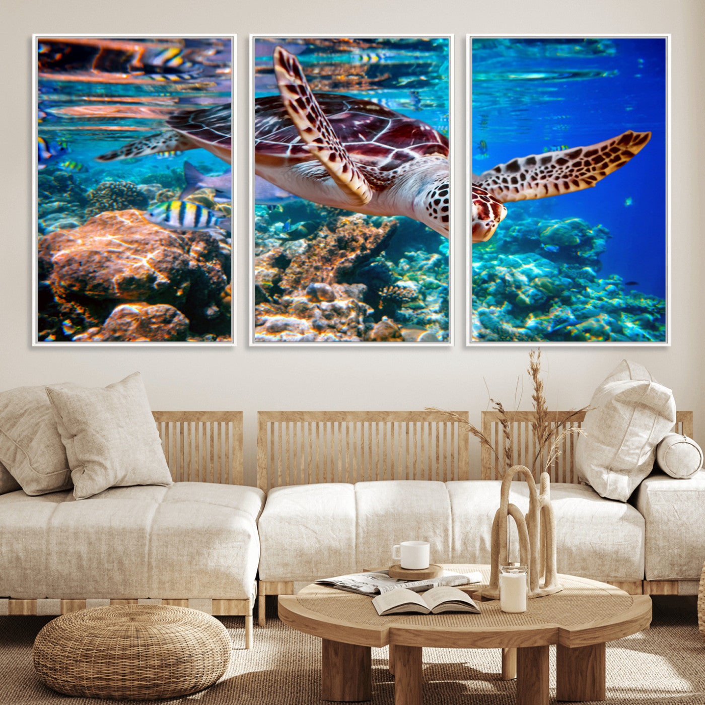 MGV-FC-60X30-3P - Underwater Coral Reef Sea Turtle Wall Art Canvas Print, Vibrant Marine Life | Colorful Ocean Scene