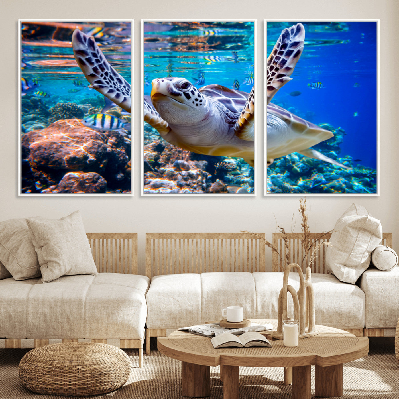 MGV-FC-60X30-3P - Underwater Sea Turtle Wall Art Canvas Print – Vibrant Ocean Coral Reef Décor, Ready to Hang