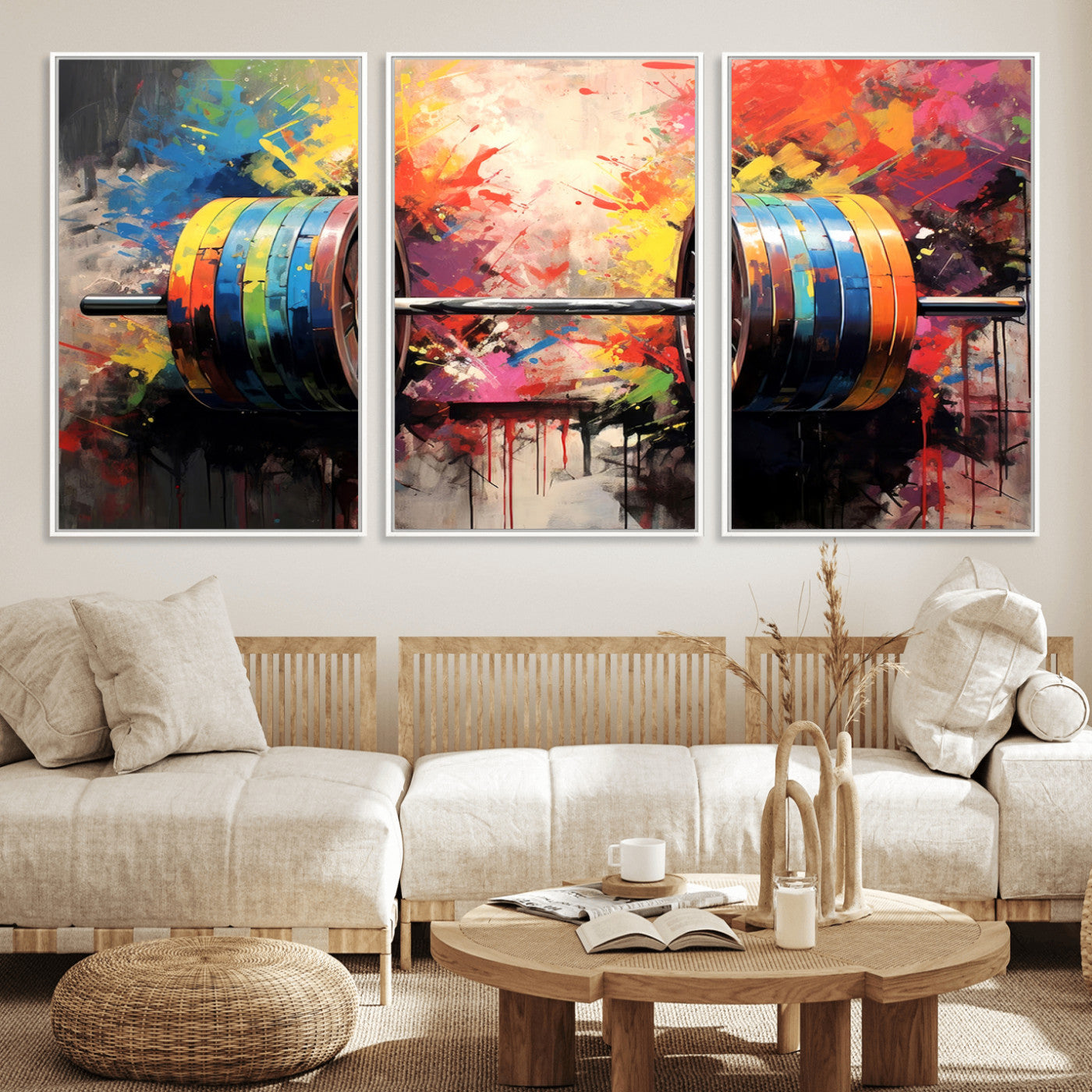 MGV-FC-60X30-3P - Weightlifting Barbell Art Triptych, Bold Abstract Fitness Wall Decor for Gym or Home, Giclee Canvas Print