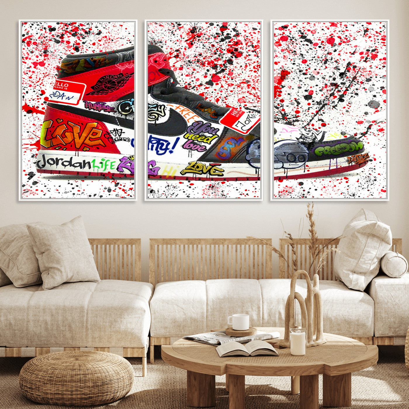 MGV-FC-60X30-3P - Jordan Shoes Graffiti Wall Art Canvas Print- Jordan Graffiti Canvas Wall Art - Framed Perfect for Sneaker heads and Urban Art Lovers