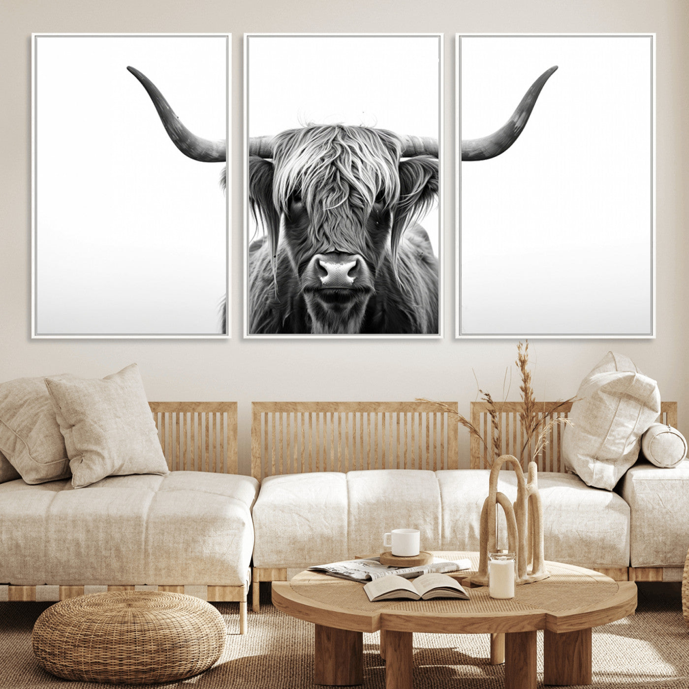 MGV-FC-60X30-3P - Highland Wall Art Canvas Print – Minimalist Black and White Farmhouse Décor, Ready to Hang