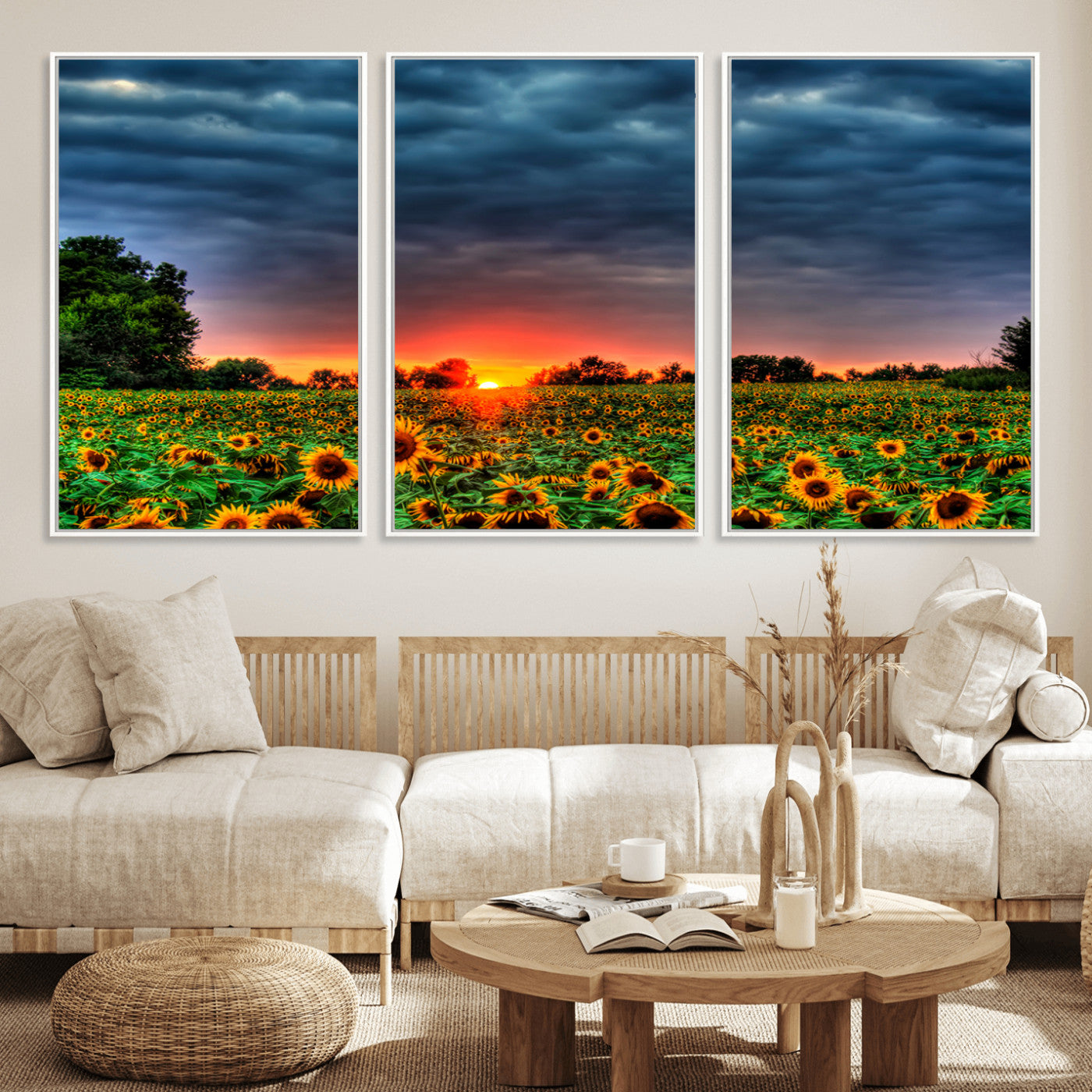 MGV-FC-60X30-3P - Golden Sunflower Field at Sunset – Breathtaking Sky and Vibrant Flowers, Ready to Hang Wall Art