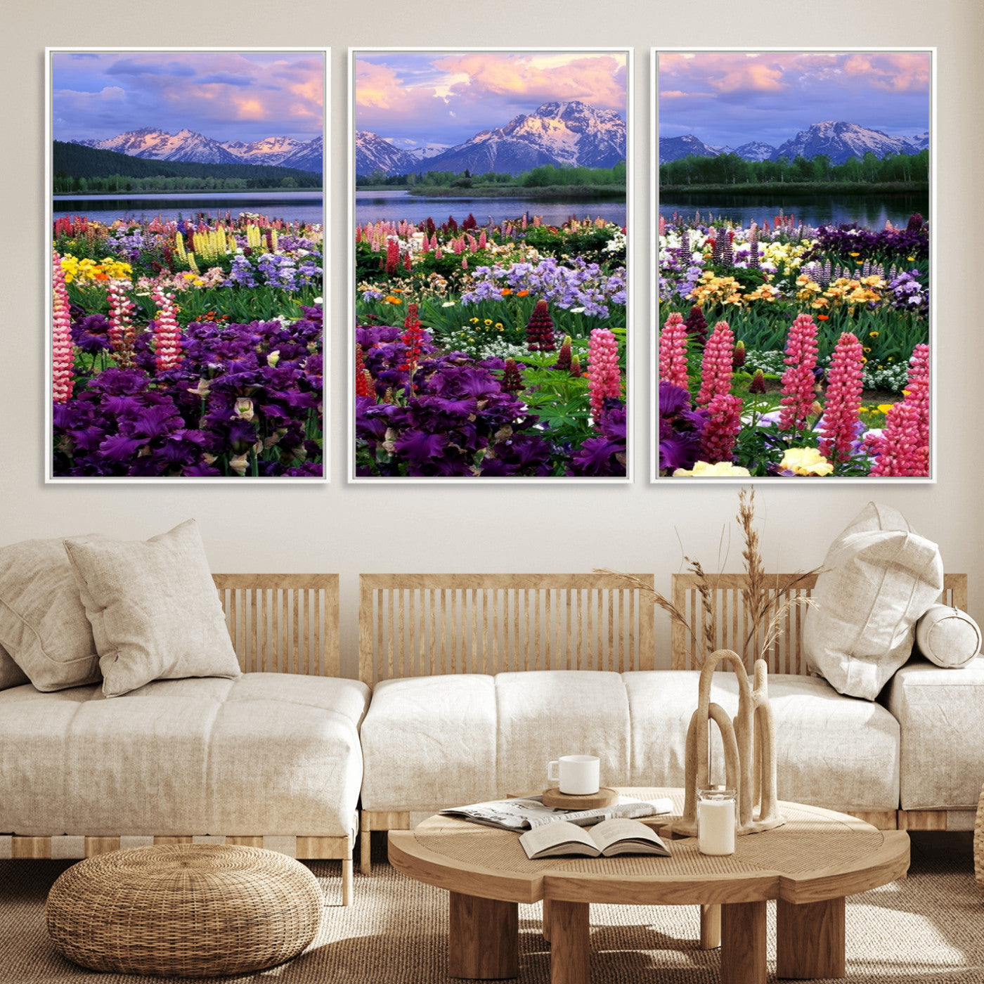 MGV-FC-60X30-3P - Vibrant Wildflower Garden and Mountain View Giclee Canvas Print | Floral Wall Art for Living Room