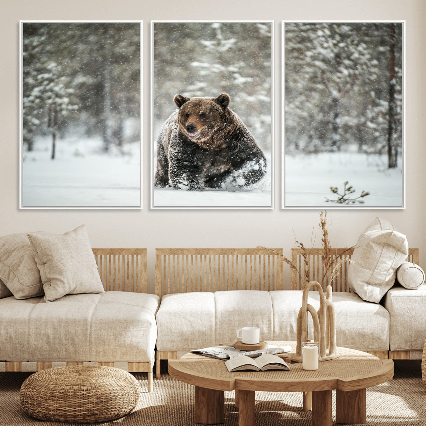 MGV-FC-60X30-3P - Wall Art Canvas Print – Grizzly Bear in Snowy Forest Powerful Presence Snowy Wilderness Wild Beauty