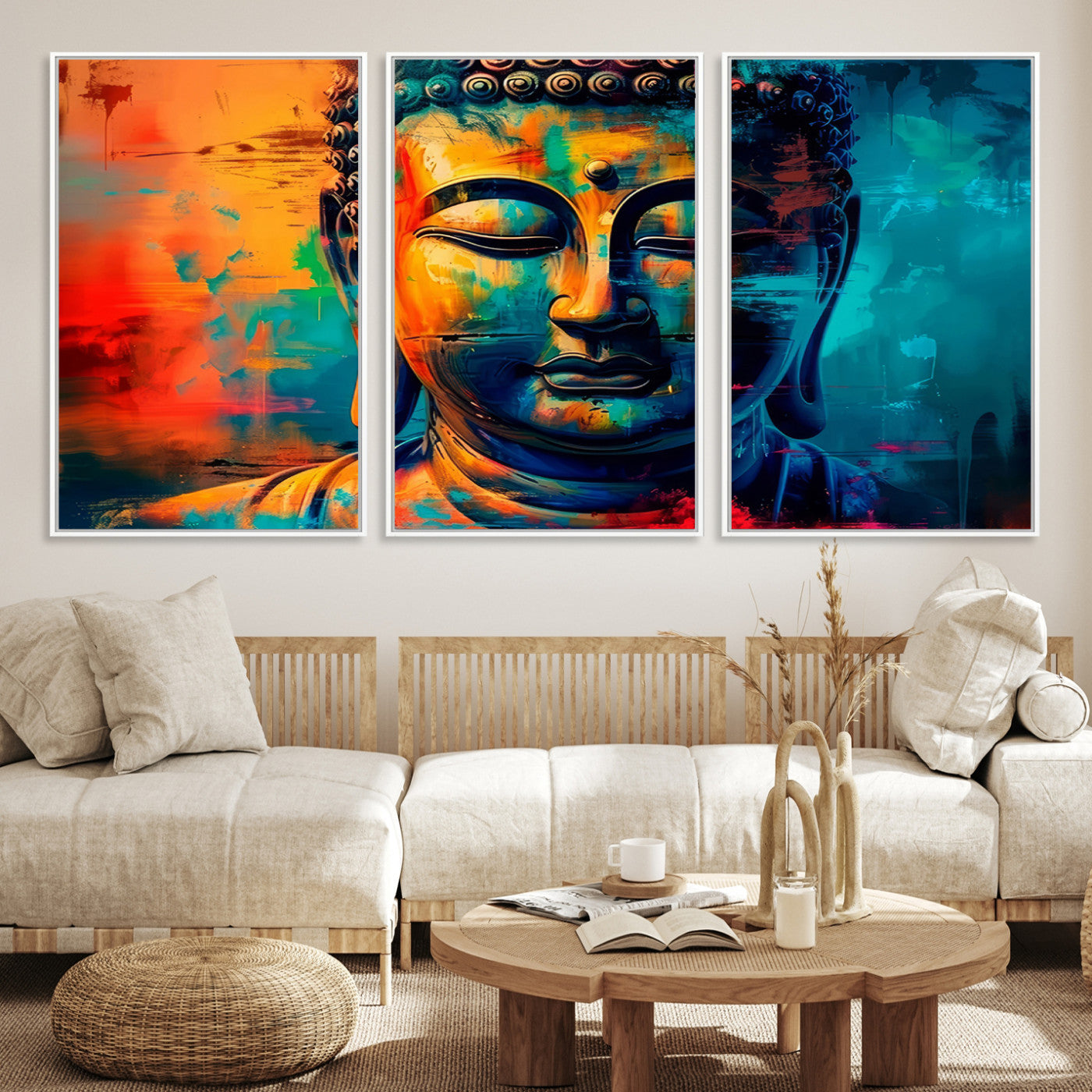 A vibrant, abstract artistic rendition of a Buddha statue face, blending bold and contrasting colors to evoke a sense of peace, spirituality, and enlightenment.