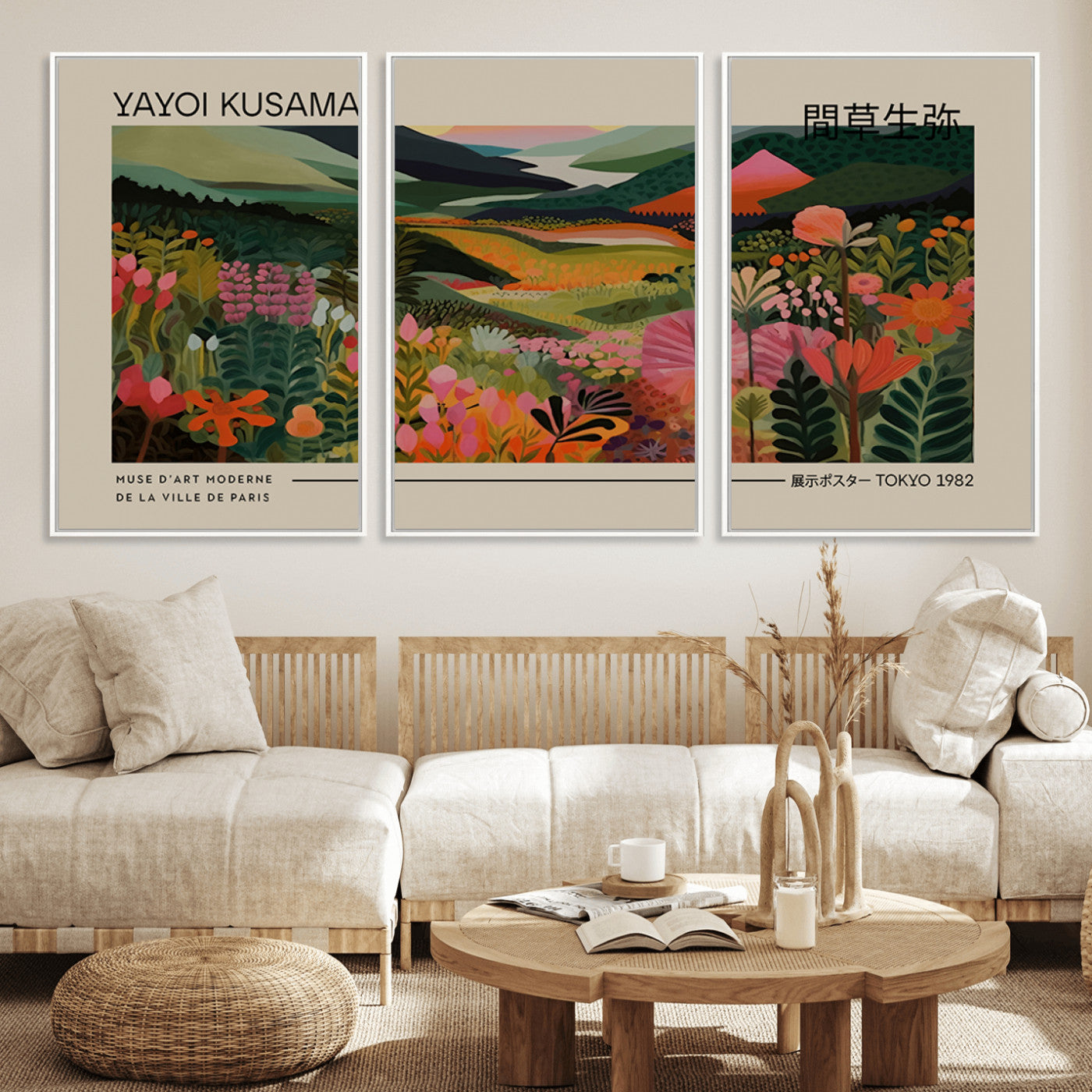 MGV-FC-60X30-3P - Yayoi Kusama Landscape Canvas Print, Vibrant Floral Mountain Art Print, Botanical Flower Nature