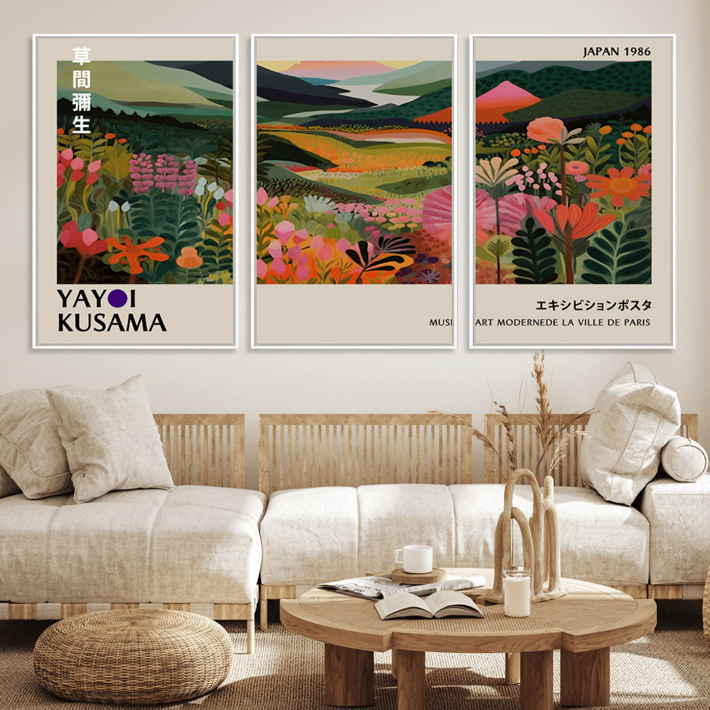 MGV-FC-60X30-3P - Yayoi Kusama Abstract Print, Vibrant Floral Mountain Art Print, Botanical Flower Nature Decor,