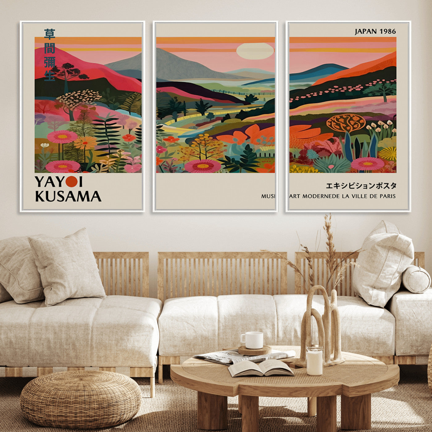 MGV-FC-60X30-3P - Yayoi Kusama Landscape Canvas Print, Vibrant Floral Mountain Art Print, Botanical Flower Nature