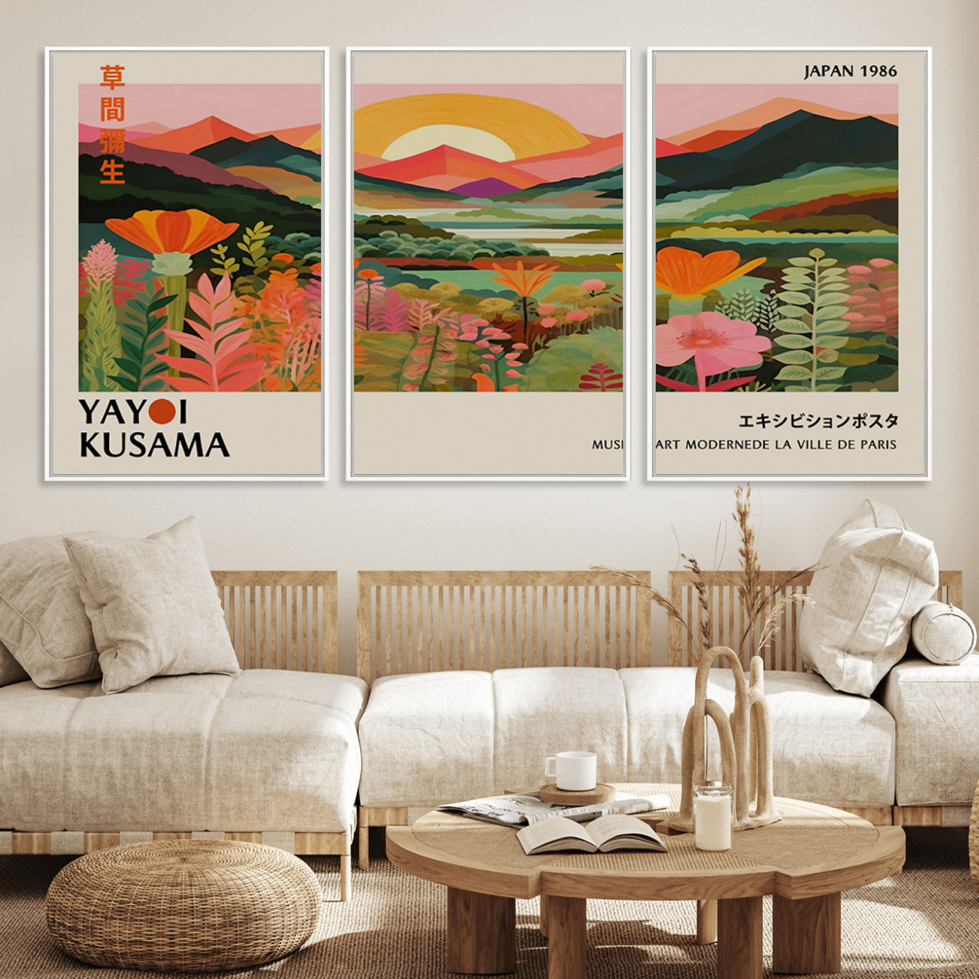 MGV-FC-60X30-3P - Framed Yayoi Kusama Print, Vibrant Floral Mountain Art Print, Botanical Flower Nature Decor, Sunset