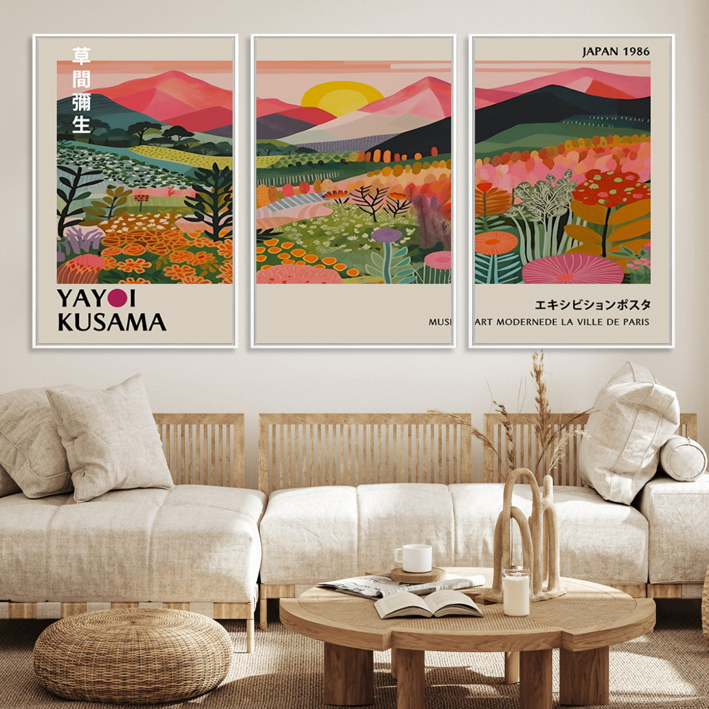 MGV-FC-60X30-3P - Yayoi Kusama Landscape Canvas Print, Vibrant Floral Mountain Art Print, Framed Botanical Wall Art -