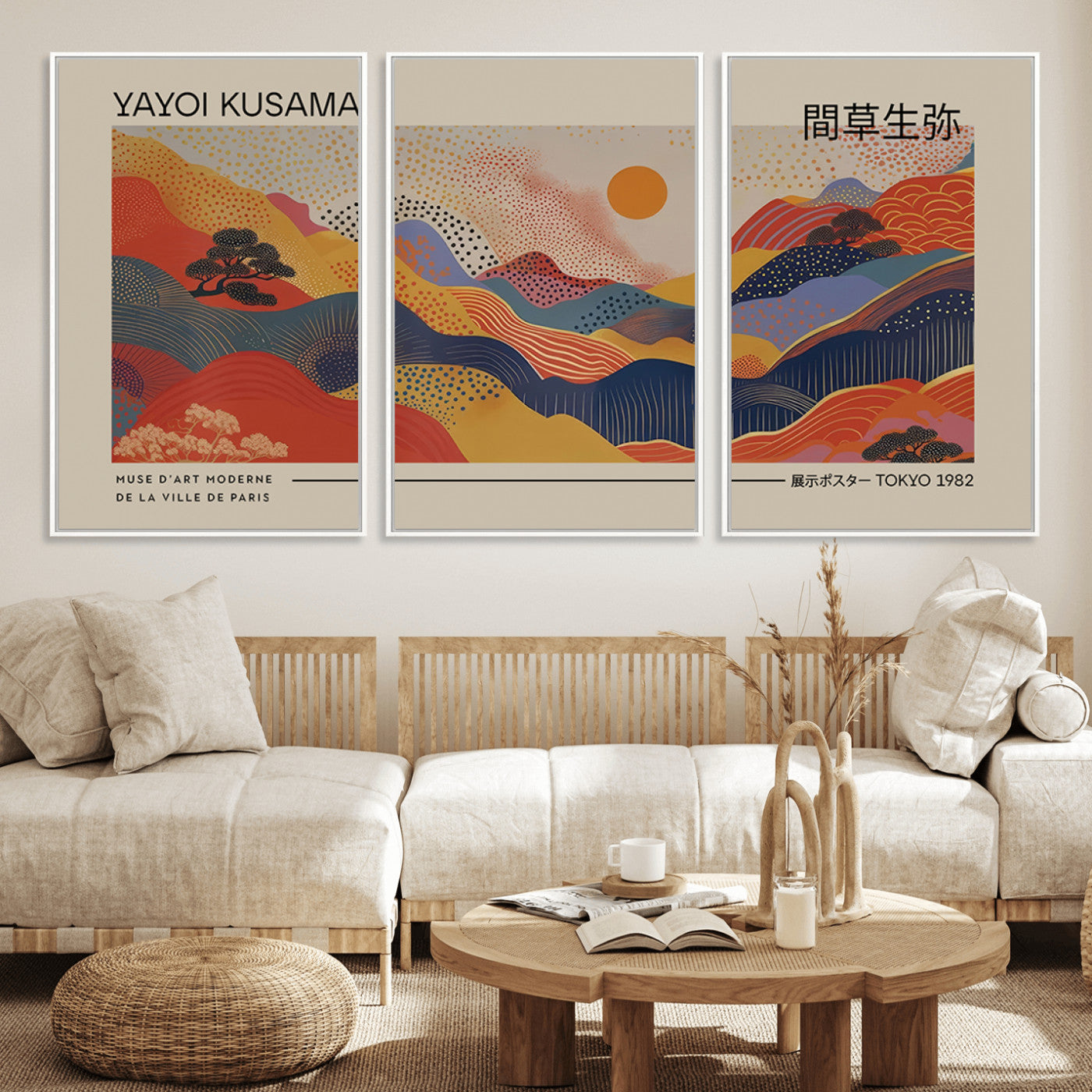 MGV-FC-60X30-3P - Yayoi Kusama Landscape Canvas Print, Vibrant Floral Mountain Art Print, Botanical Flower Nature