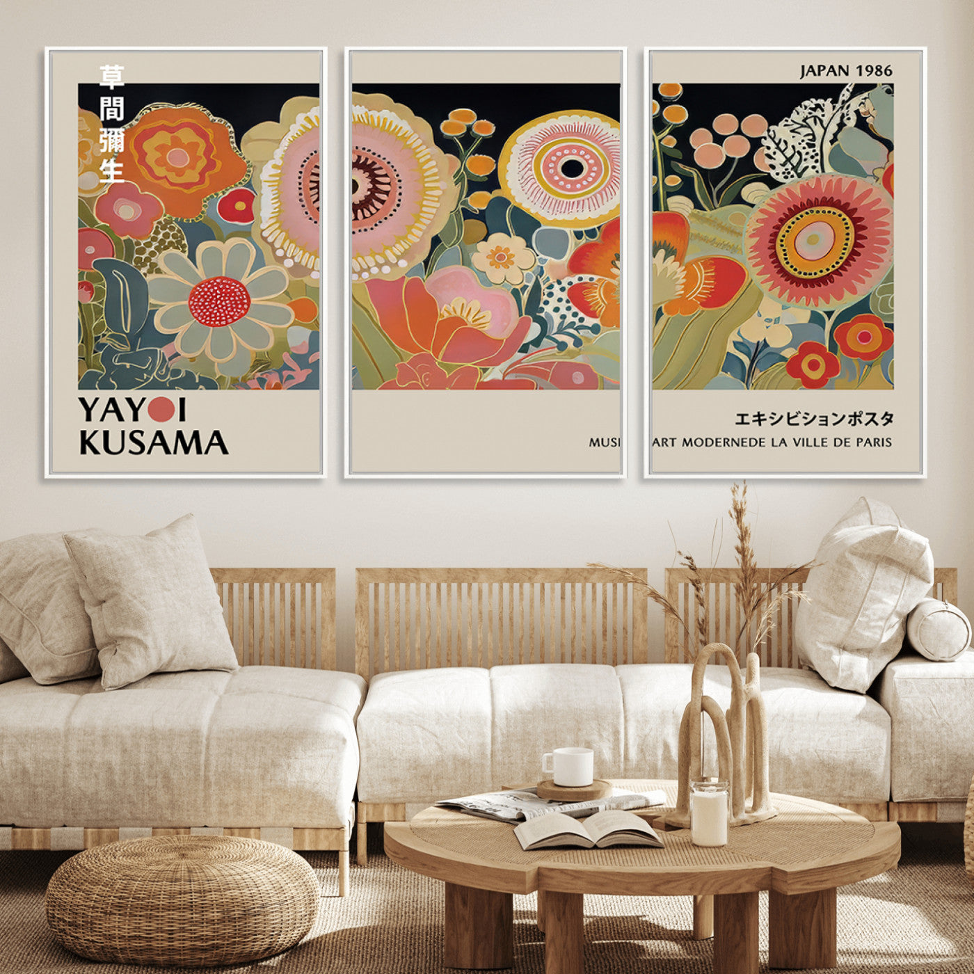 MGV-FC-60X30-3P - Yayoi Kusama Landscape Canvas Print, Vibrant Floral Mountain Art Print, Botanical Flower Nature Decor, Sunset Scenery Artwork