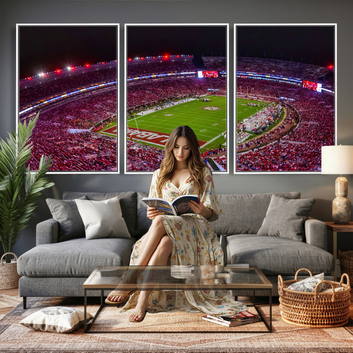 11343-MGV-CV-36X24 - Bryant-Denny Stadium Night Game Triple Canvas Wall Art | Alabama Crimson Tide Football