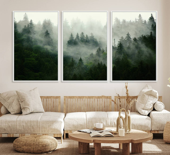 Misty Forest Mountain Wall Art: A 3-panel foggy landscape canvas print, ideal for enhancing home decor with natures beauty.