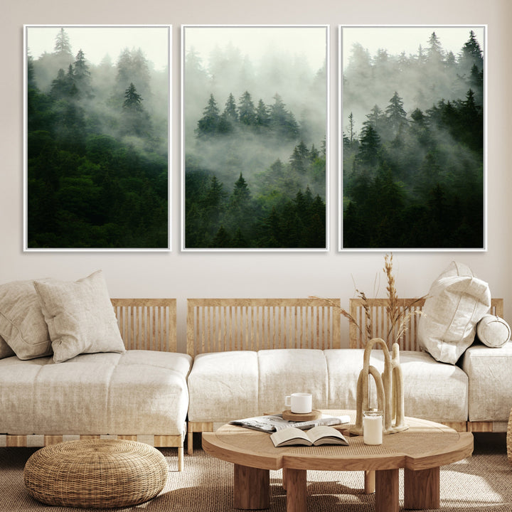 Misty Forest Wall Art Canvas Print - Foggy Forest Landscape Canvas Wall Art – Serene Triptych Nature Print – Woodland Landscape Decor