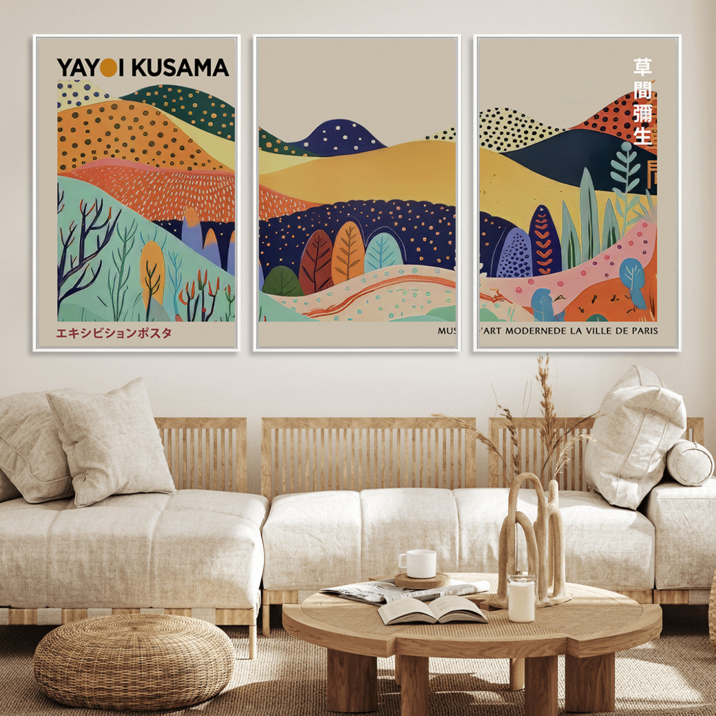 MGV-FC-60X30-3P - Framed Yayoi Kusama 1986 Wall Art Print – Japanese Wall Art Print, Wabi Sabi Yayoi Kusama Print -
