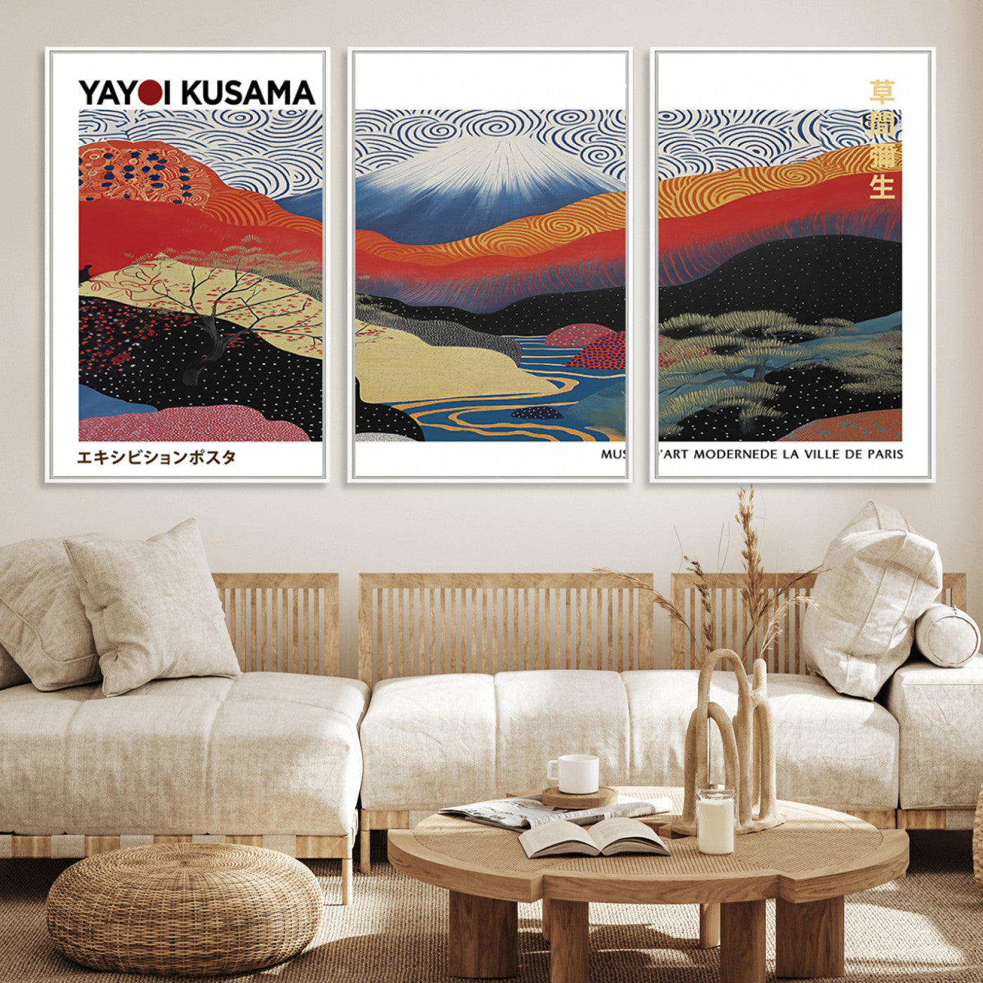 MGV-FC-60X30-3P - Framed Yayoi Kusama 1986 Wall Art Print – Japanese Wall Art Print, Wabi Sabi Yayoi Kusama Print -